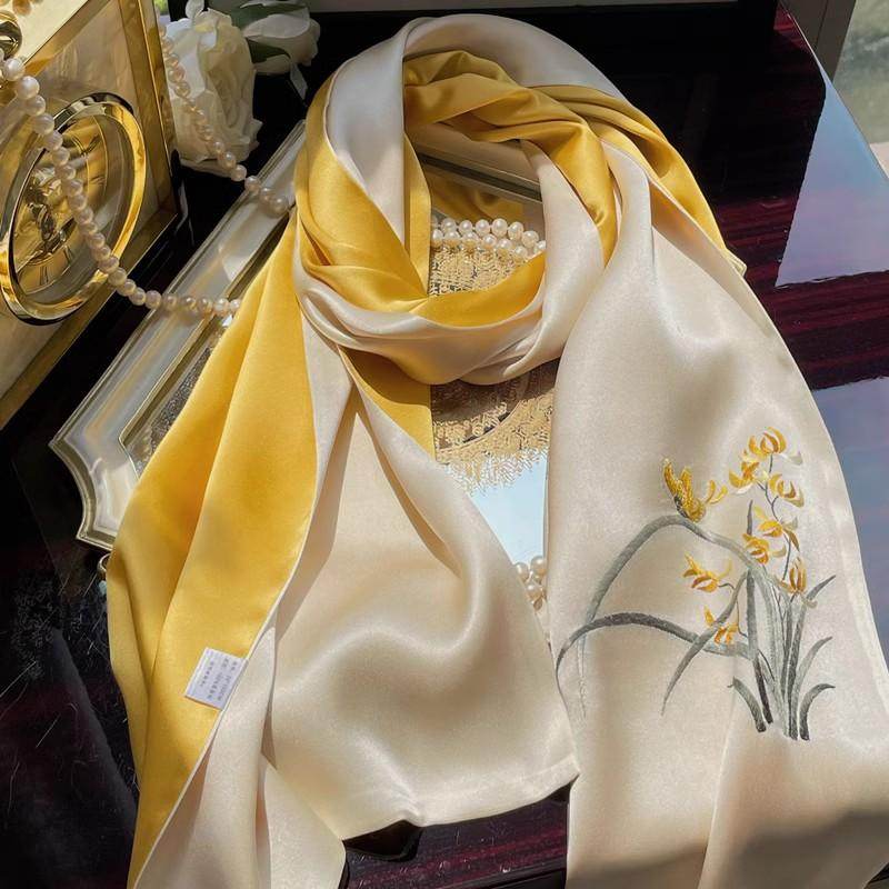 Hand Embroidered Suzhou 16 Momme Silk Scarf Luxury 155x35cm - SinoCultural -- HYFSJ025A01