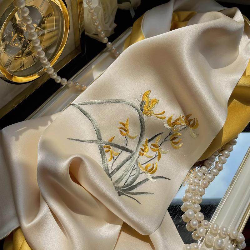 Hand Embroidered Suzhou 16 Momme Silk Scarf Luxury 155x35cm - SinoCultural -- HYFSJ025A01