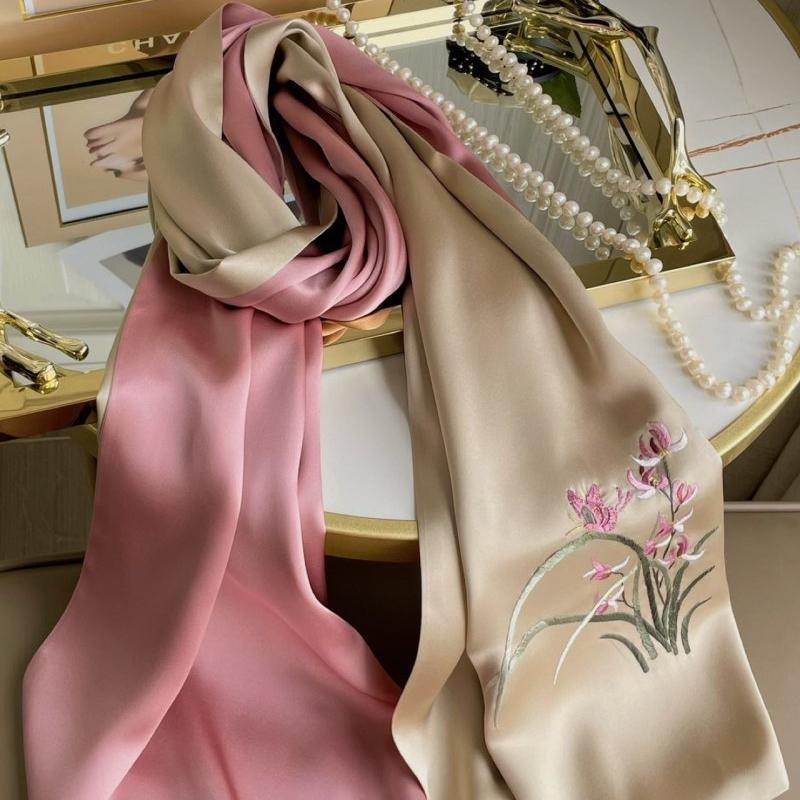 Hand Embroidered Suzhou 16 Momme Silk Scarf Luxury 155x35cm - SinoCultural -- HYFSJ025A01