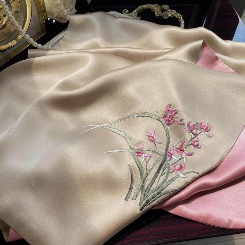 Hand Embroidered Suzhou 16 Momme Silk Scarf Luxury 155x35cm - SinoCultural -- HYFSJ025A01