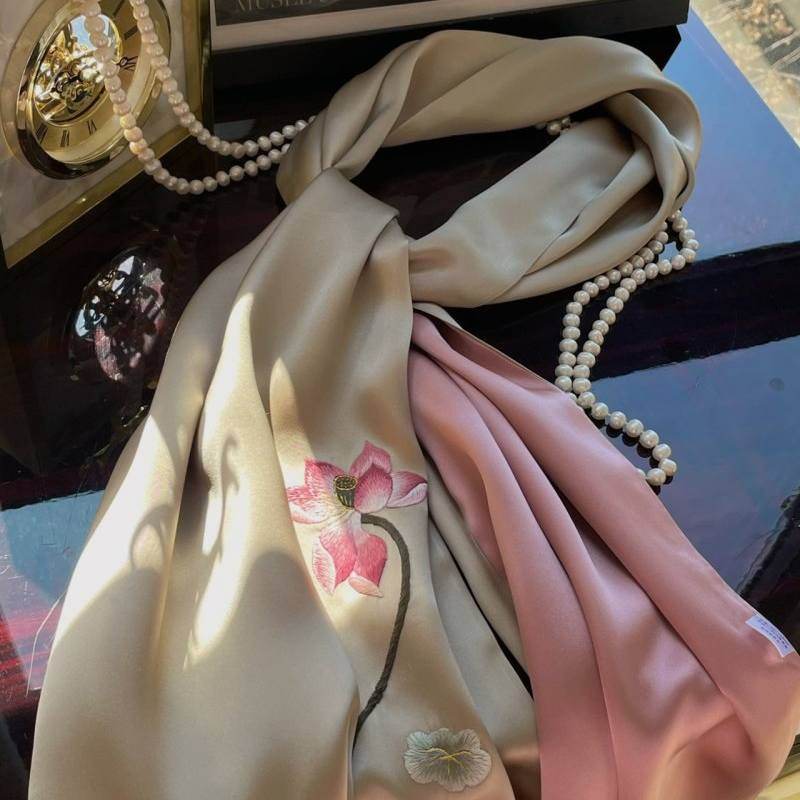 Handmade Su Embroidery 16 Momme Silk Scarf Lotus 155x35cm - SinoCultural -- HYFSJ026