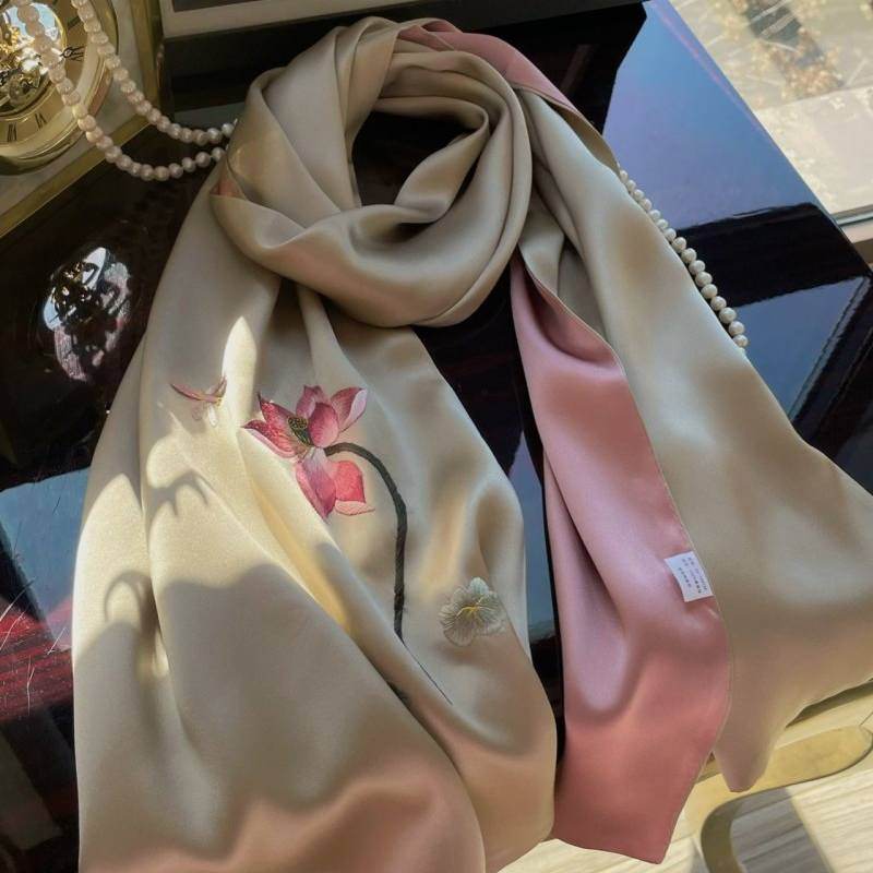 Handmade Su Embroidery 16 Momme Silk Scarf Lotus 155x35cm - SinoCultural -- HYFSJ026
