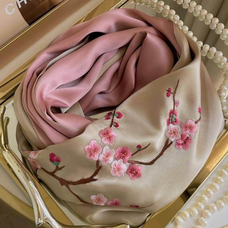 Handmade Suzhou Embroidery 16 Momme Silk Scarf 155x35cm - SinoCultural -- HYFSJ028A01