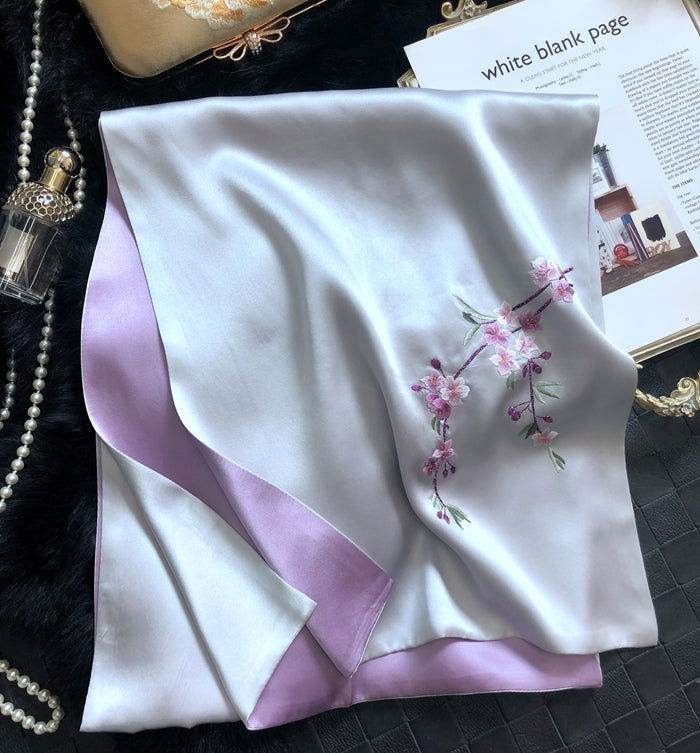 Handmade Su Embroidery 16 Momme Silk Scarf Orchid 155x35cm - SinoCultural -- HYFSJ031A03
