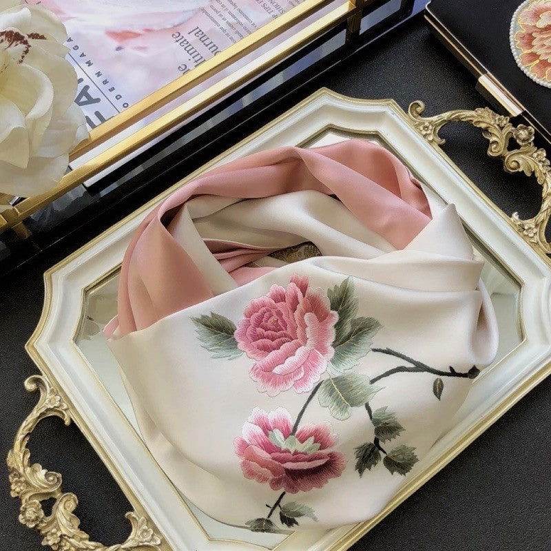 Handmade Su Embroidery 16 Momme Silk Scarf Peony 155x35cm - SinoCultural -- HYFSJ024