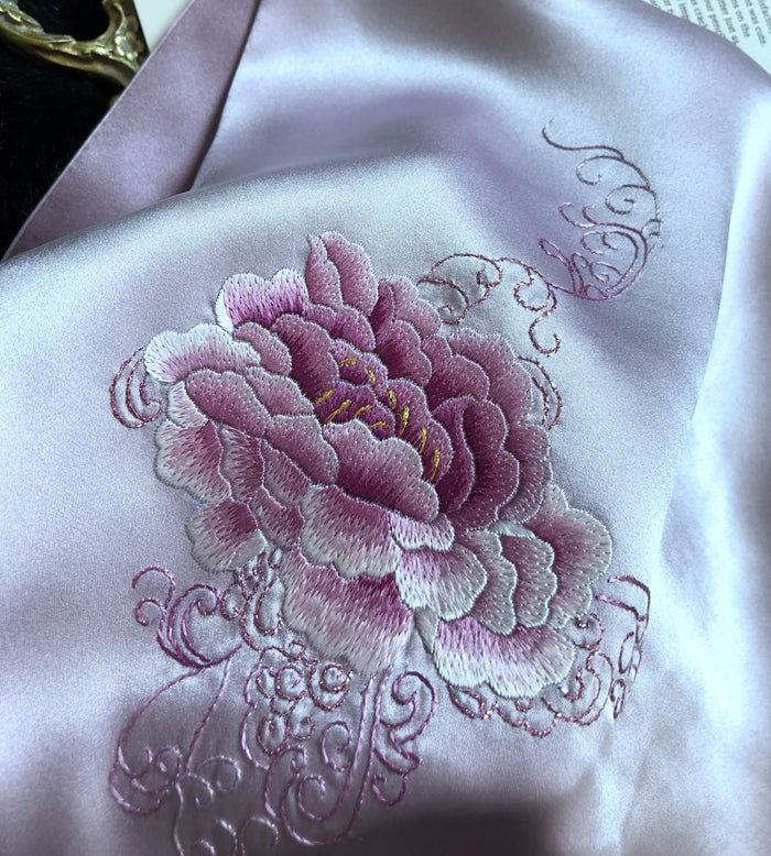 Handmade Su Embroidery 16 Momme Silk Scarf Peony 155x35cm - SinoCultural -- HYFSJ032A01