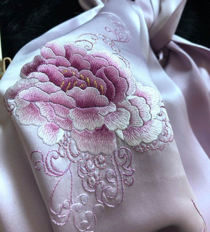 Handmade Su Embroidery 16 Momme Silk Scarf Peony 155x35cm - SinoCultural -- HYFSJ032A01