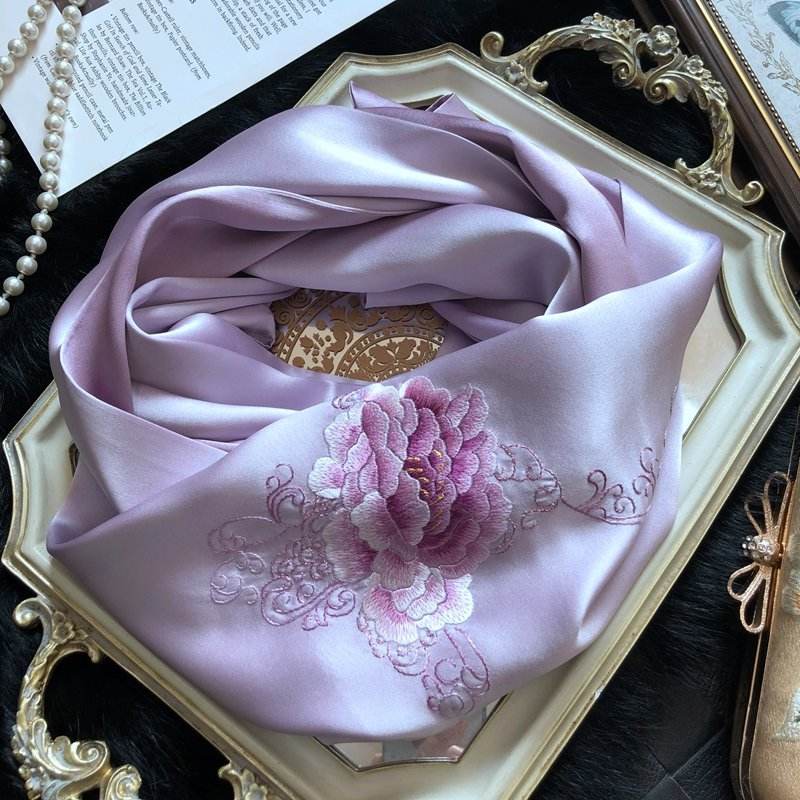 Handmade Su Embroidery 16 Momme Silk Scarf Peony 155x35cm - SinoCultural -- HYFSJ032A01