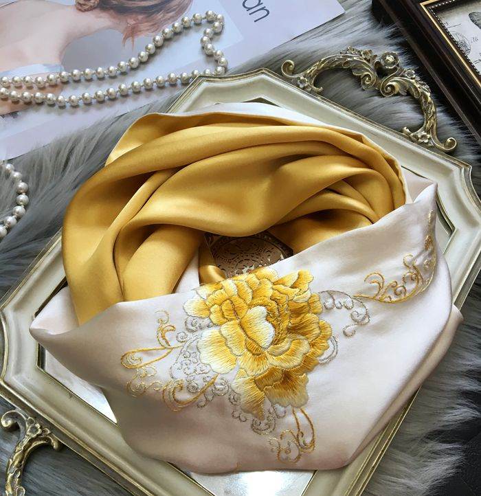 Handmade Su Embroidery 16 Momme Silk Scarf Peony 155x35cm - SinoCultural -- HYFSJ032A01