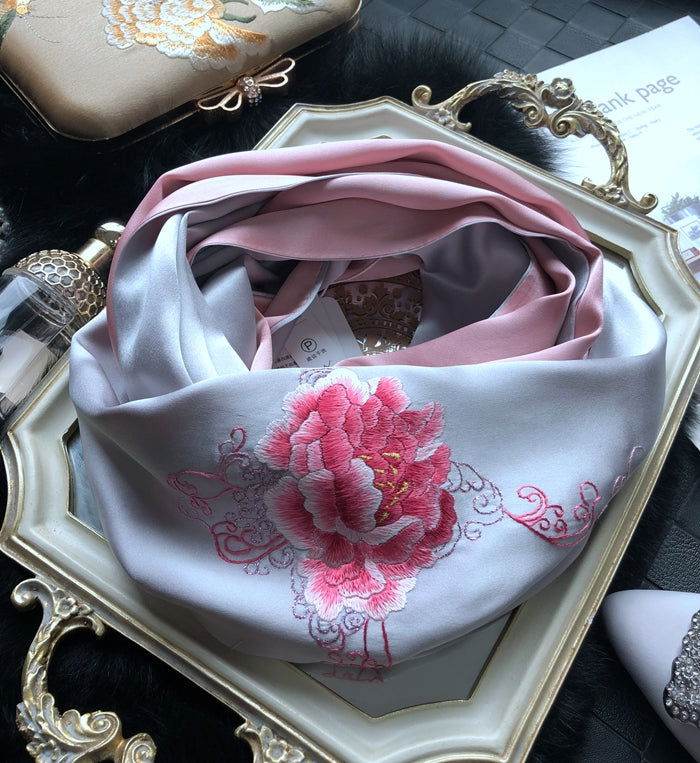 Handmade Su Embroidery 16 Momme Silk Scarf Peony 155x35cm - SinoCultural -- HYFSJ032A01