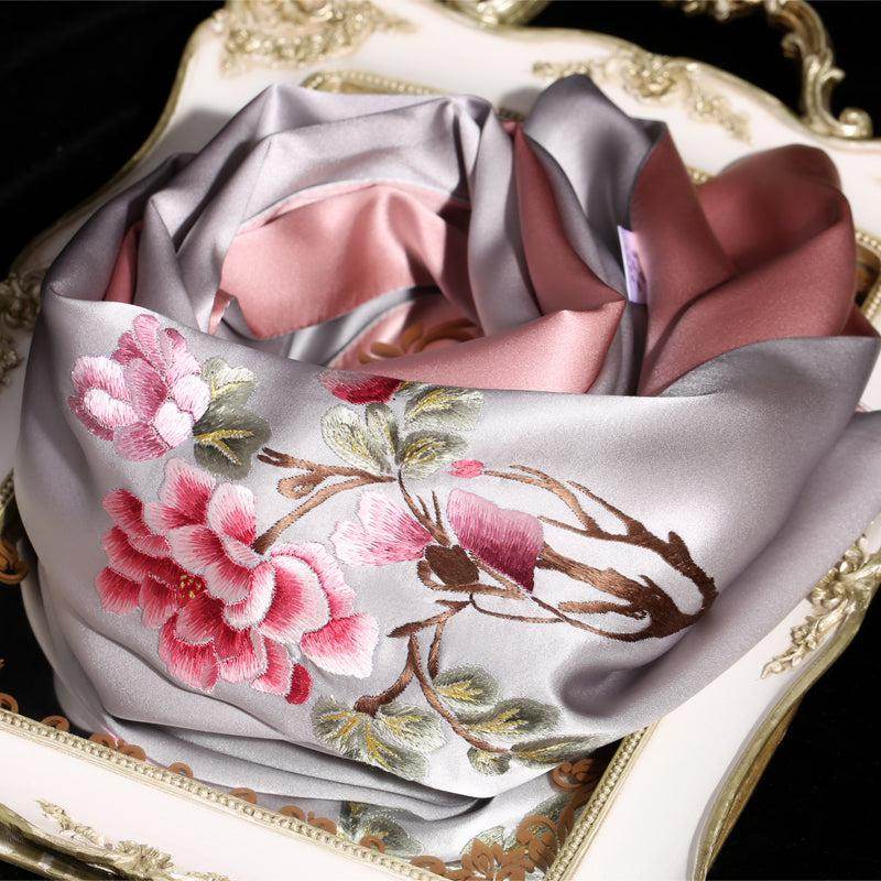Handcrafted Suzhou Embroidery 100% Mulberry Silk Scarf 155x35 cm - SinoCultural -- HYFSJ006-1