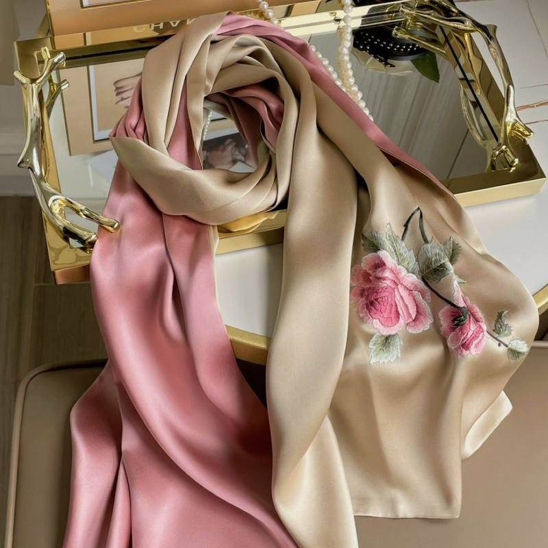 Handmade Su Embroidery 16 Momme Silk Scarf Peony 155x35cm - SinoCultural -- HYFSJ027A02