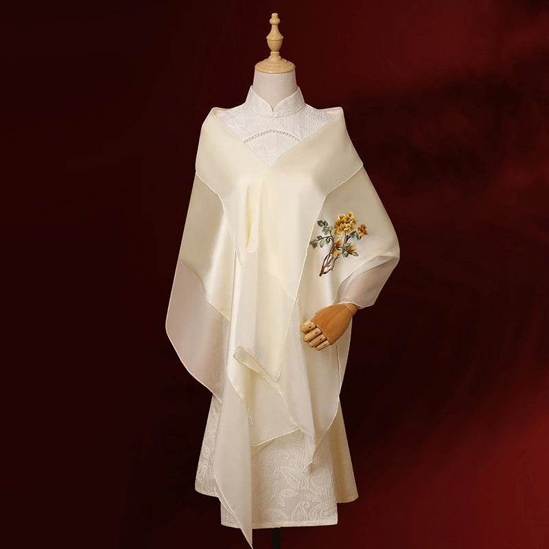 Handcrafted Su Embroidery 16 Momme Silk Scarf Shawl 190x65cm - SinoCultural -- LS062-2