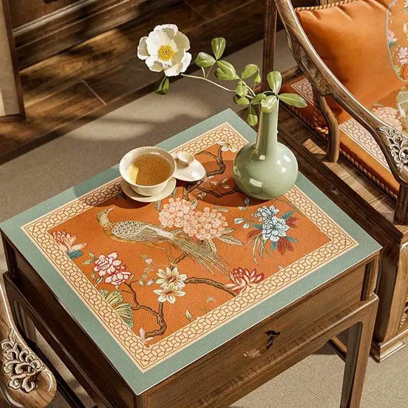 Chinoiserie Mountain Hydrangea Leather Bedside Table Cover - SinoCultural -- TM035A4040