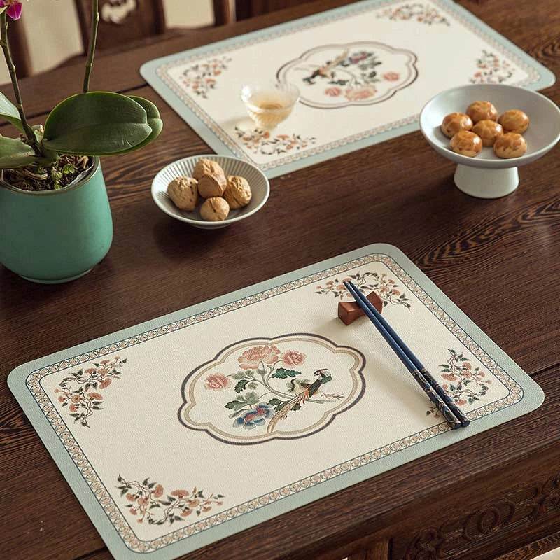 2-Piece Chinoiserie Spring Bird and Flower Pattern Washable Placemat - SinoCultural -- TM036A3045 -