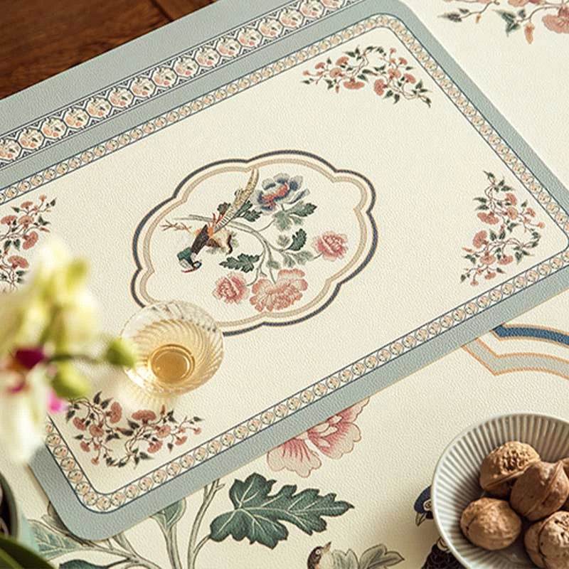 2-Piece Chinoiserie Spring Bird and Flower Pattern Washable Placemat - SinoCultural -- TM036A3045 -