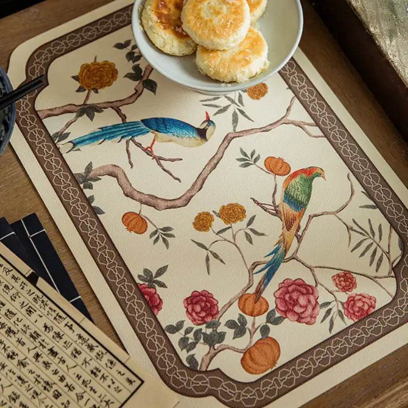 2-Piece Chinoiserie Luxury Retro Floral Bird Waterproof Table Mat - SinoCultural -- TM049A30