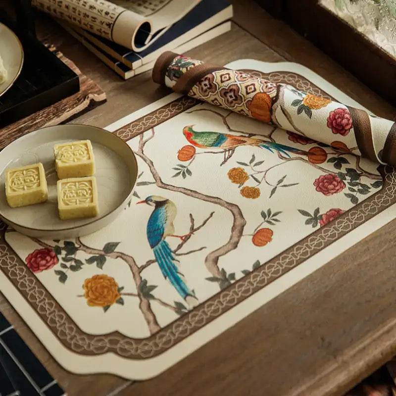 2-Piece Chinoiserie Luxury Retro Floral Bird Waterproof Table Mat - SinoCultural -- TM049A30