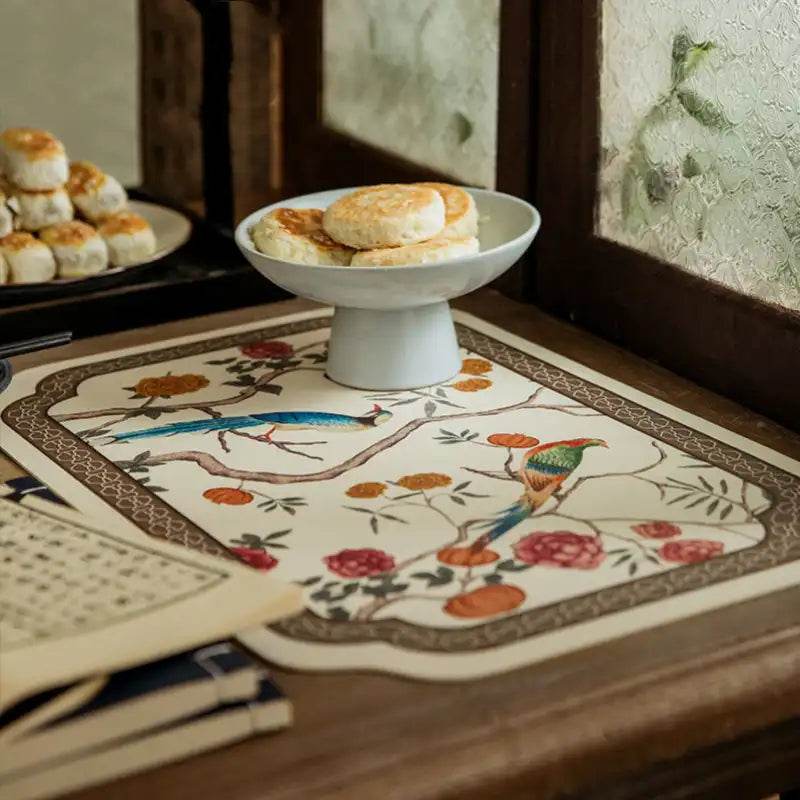 2-Piece Chinoiserie Luxury Retro Floral Bird Waterproof Table Mat - SinoCultural -- TM049A30