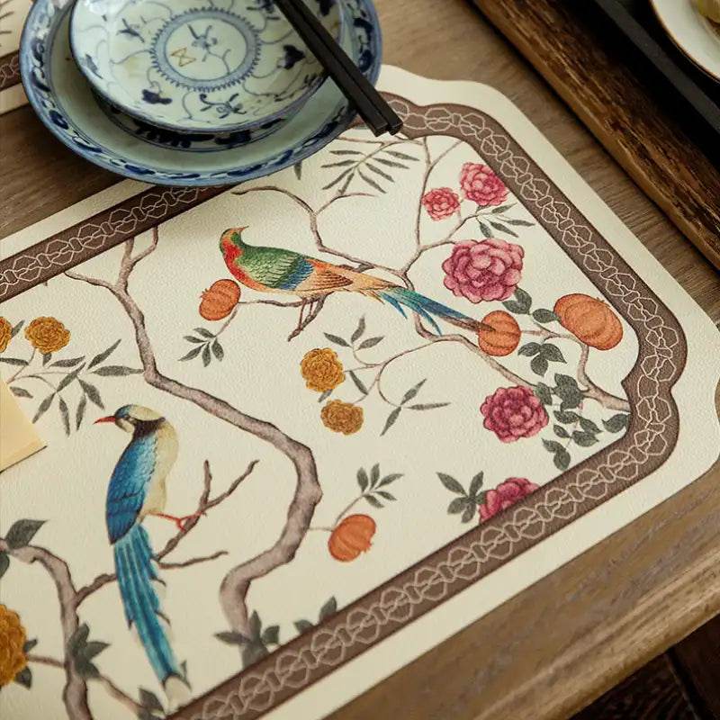2-Piece Chinoiserie Luxury Retro Floral Bird Waterproof Table Mat - SinoCultural -- TM049A30