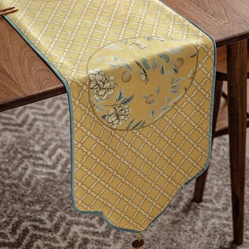 Chinoiserie Traditional Golden Autumn Table Runner - SinoCultural -- TR014Y160 -
