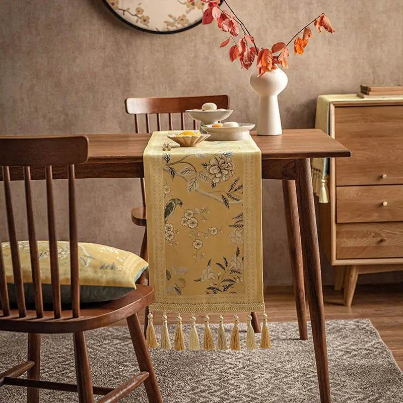 Chinoiserie Traditional Golden Autumn Table Runner - SinoCultural -- TR014Y160 -