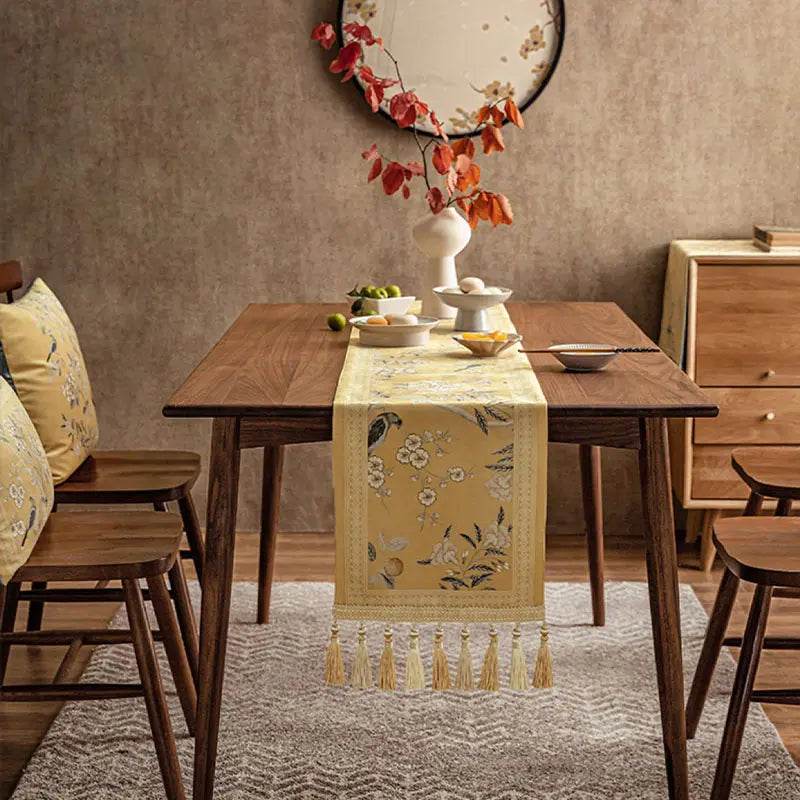 Chinoiserie Traditional Golden Autumn Table Runner - SinoCultural -- TR014Y160 -