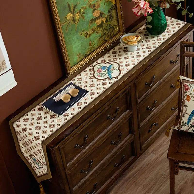 Chinoiserie Country Style Coffee Table Cover White Table Runner - SinoCultural -- TR022A160 -