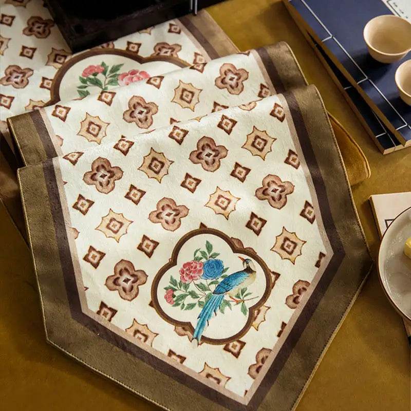 Chinoiserie Country Style Coffee Table Cover White Table Runner - SinoCultural -- TR022A160 -