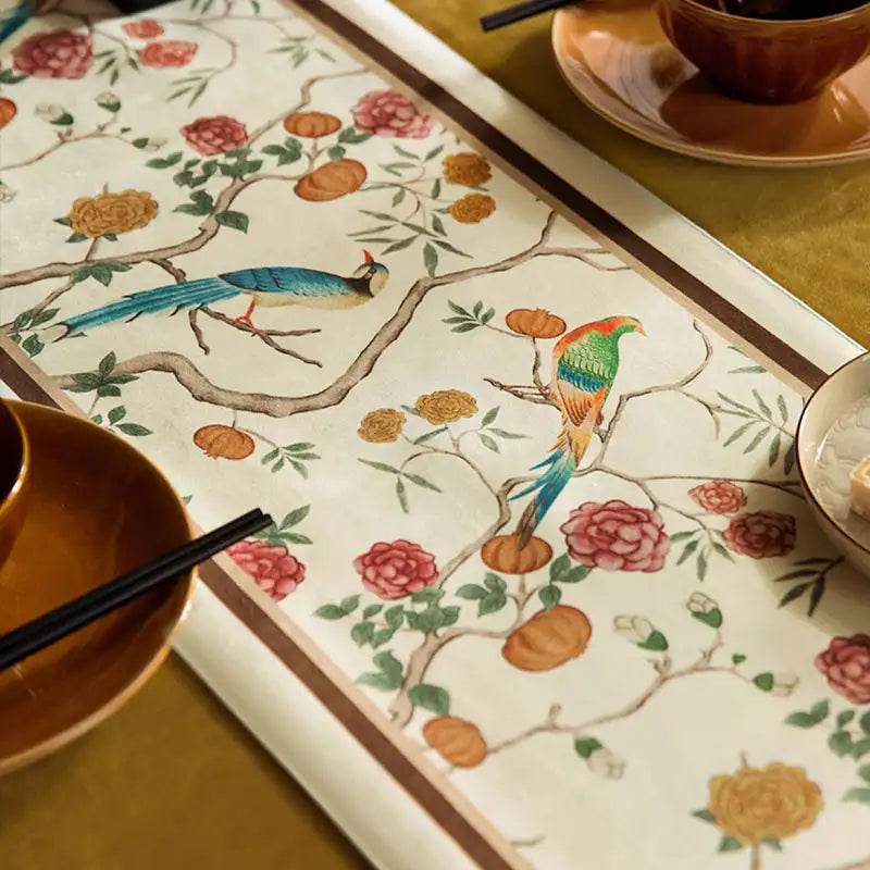 Chinoiserie Country Style Coffee Table Cover White Table Runner - SinoCultural -- TR022A160 -