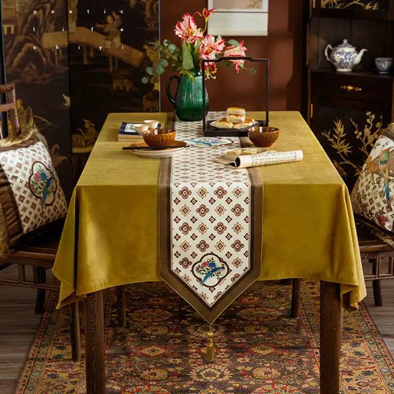 Chinoiserie Country Style Coffee Table Cover White Table Runner - SinoCultural -- TR022A160