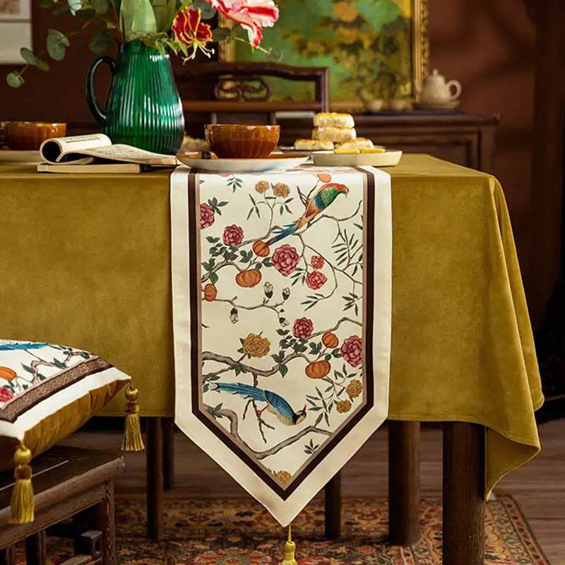 Chinoiserie Country Style Coffee Table Cover White Table Runner - SinoCultural -- TR022A160 -