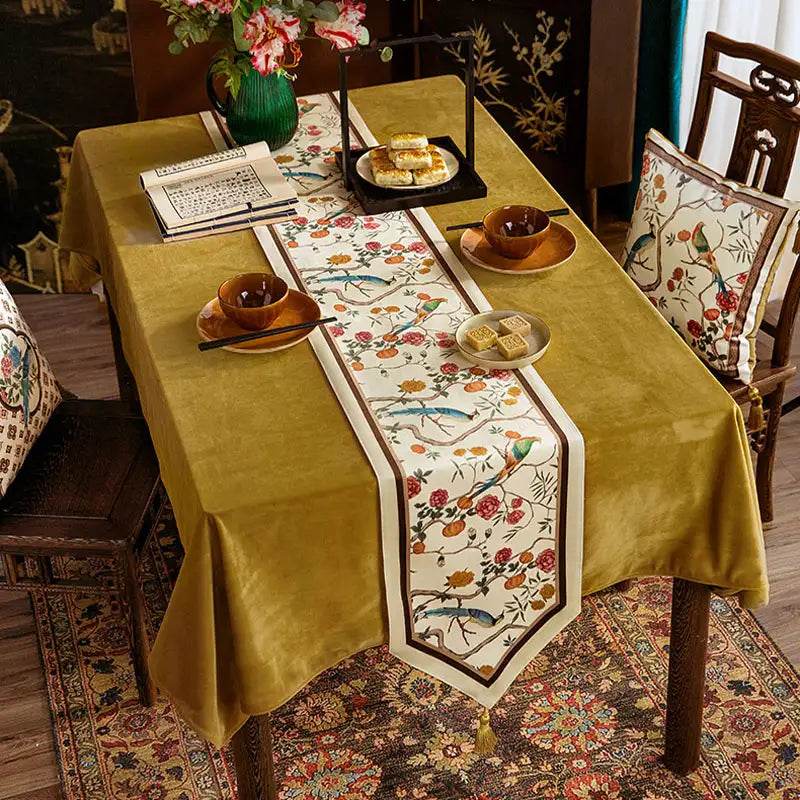 Chinoiserie Country Style Coffee Table Cover White Table Runner - SinoCultural -- TR022A160