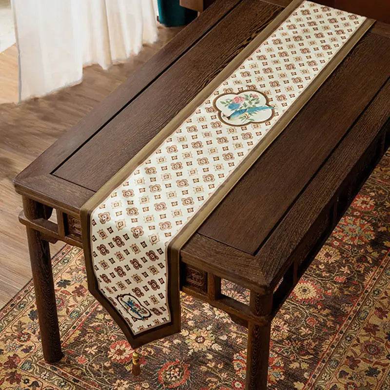 Chinoiserie Country Style Coffee Table Cover White Table Runner - SinoCultural -- TR022A160 -