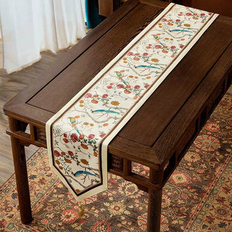 Chinoiserie Country Style Coffee Table Cover White Table Runner - SinoCultural -- TR022A160 -