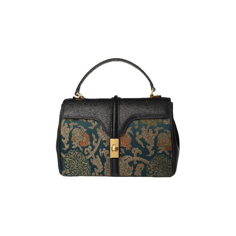 Sinocultural Handmade Song Brocade Chinoiserie Leather Bag Clutch Bag