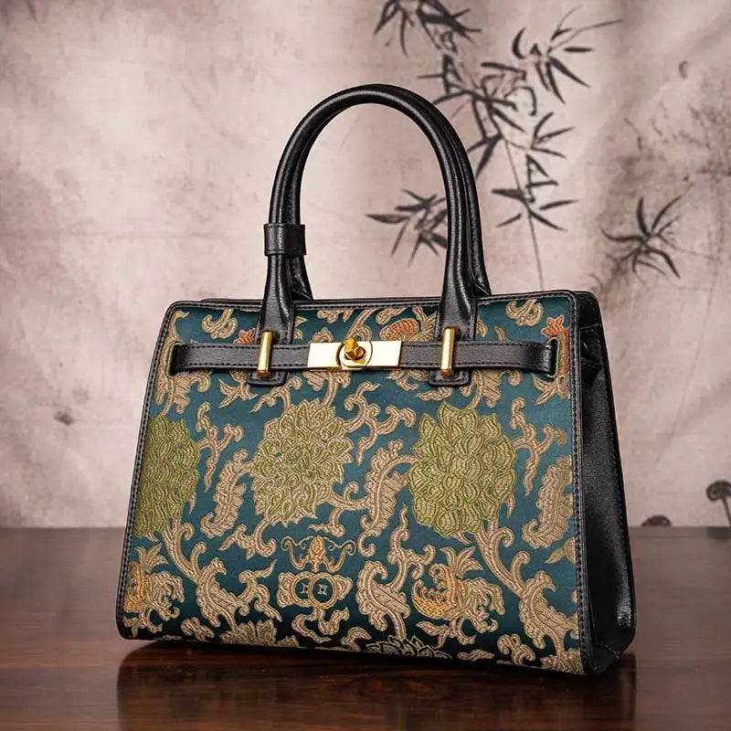 Handmade Song Brocade Chinoiserie Leather Kelly Bag Twining Flowers - SinoCultural -- W4188-1