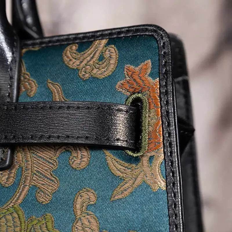 Handmade Song Brocade Chinoiserie Leather Kelly Bag Twining Flowers - SinoCultural -- W4188-1