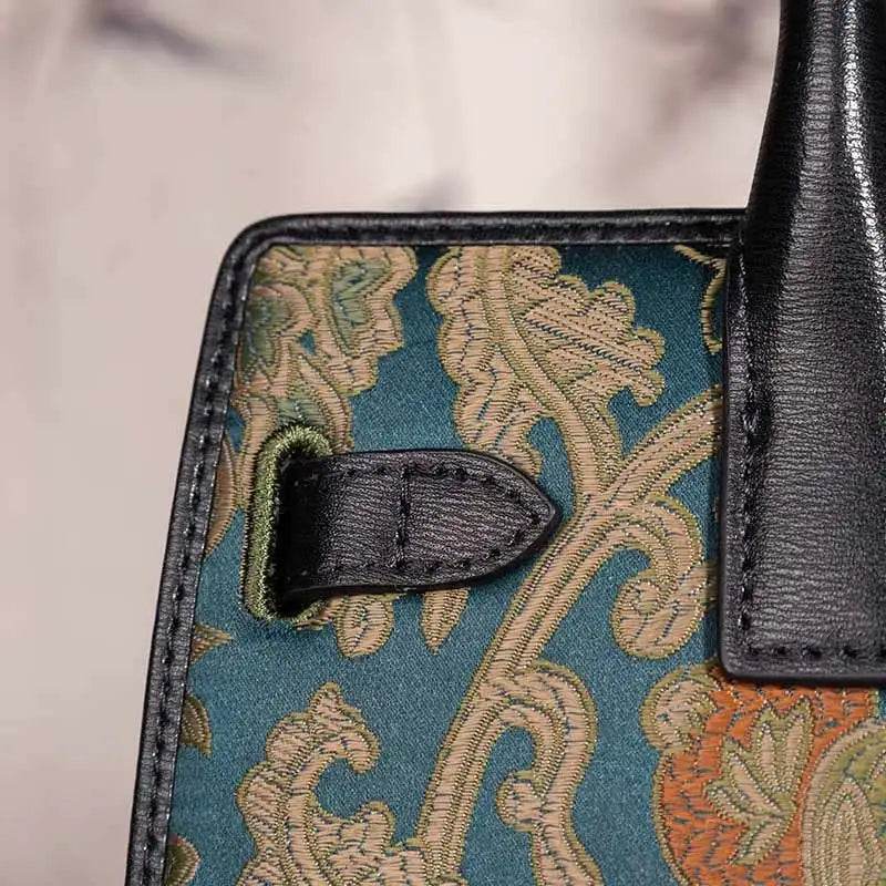 Handmade Song Brocade Chinoiserie Leather Kelly Bag Twining Flowers - SinoCultural -- W4188-1