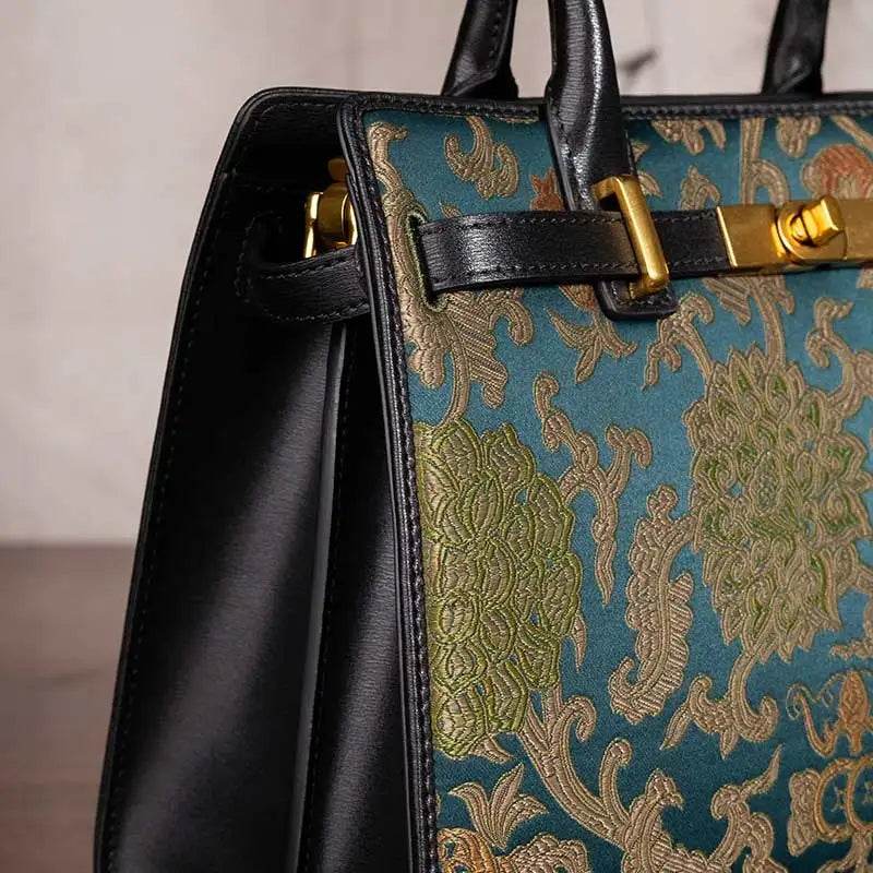 Handmade Song Brocade Chinoiserie Leather Kelly Bag Twining Flowers - SinoCultural -- W4188-1