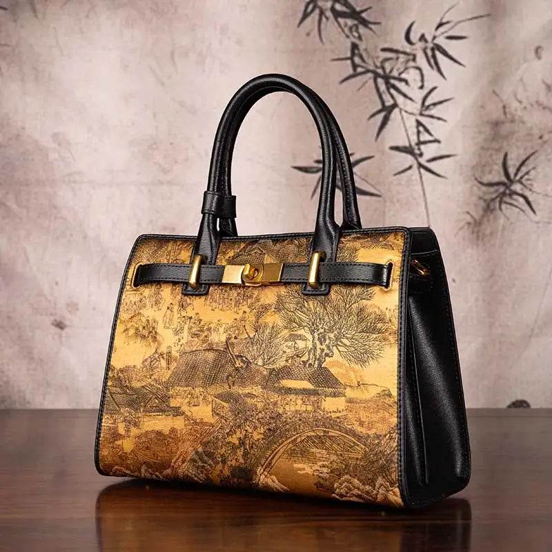 Handmade Xiangyunsha Silk Black Leather Kelly Bag Chinese Painting - SinoCultural -- W4188-2