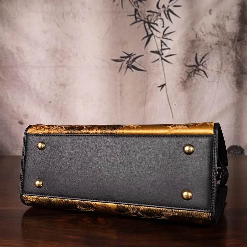 Handmade Xiangyunsha Silk Black Leather Kelly Bag Chinese Painting - SinoCultural -- W4188-2