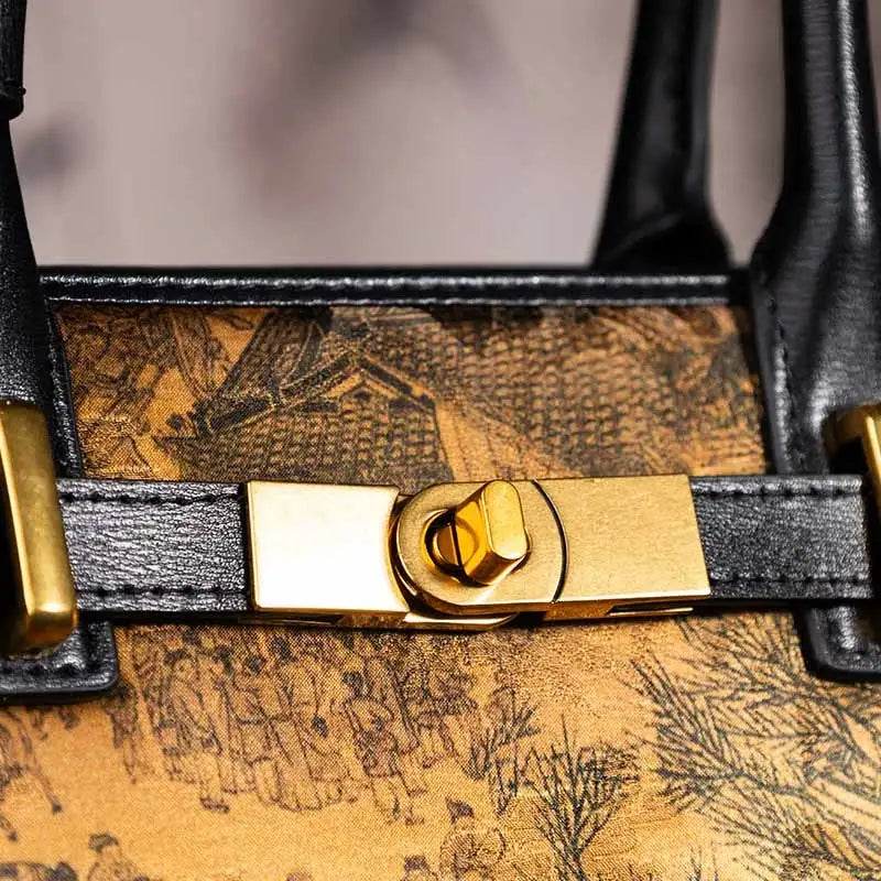 Handmade Xiangyunsha Silk Black Leather Kelly Bag Chinese Painting - SinoCultural -- W4188-2