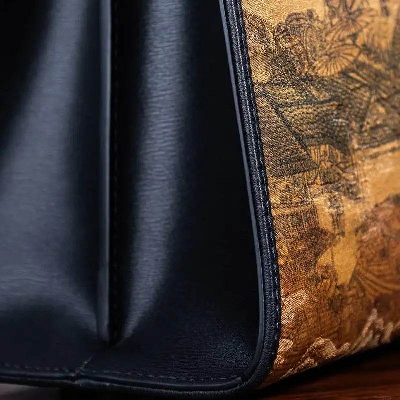 Handmade Xiangyunsha Silk Black Leather Kelly Bag Chinese Painting - SinoCultural -- W4188-2