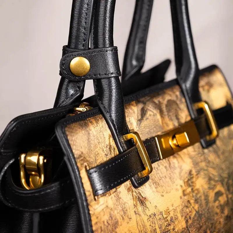 Handmade Xiangyunsha Silk Black Leather Kelly Bag Chinese Painting - SinoCultural -- W4188-2