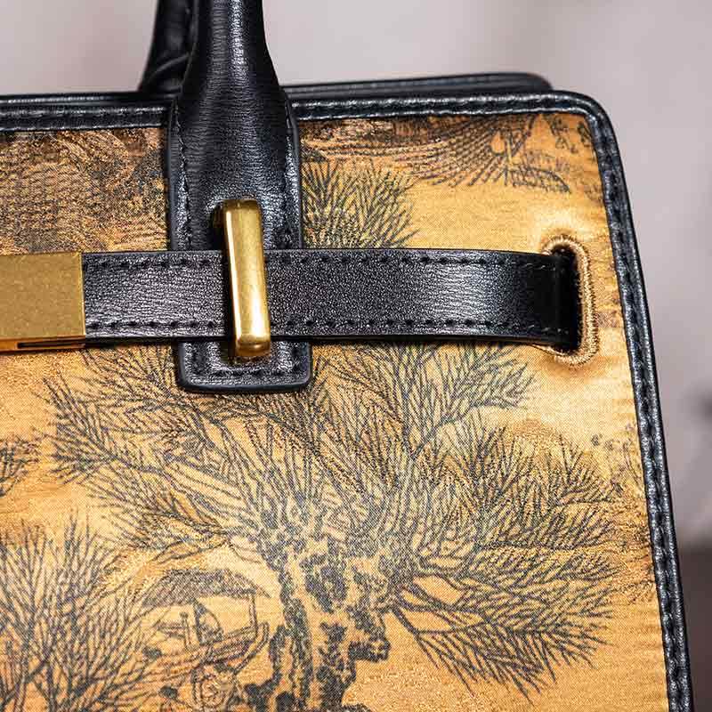 Handmade Xiangyunsha Silk Black Leather Kelly Bag Chinese Painting - SinoCultural -- W4188-2