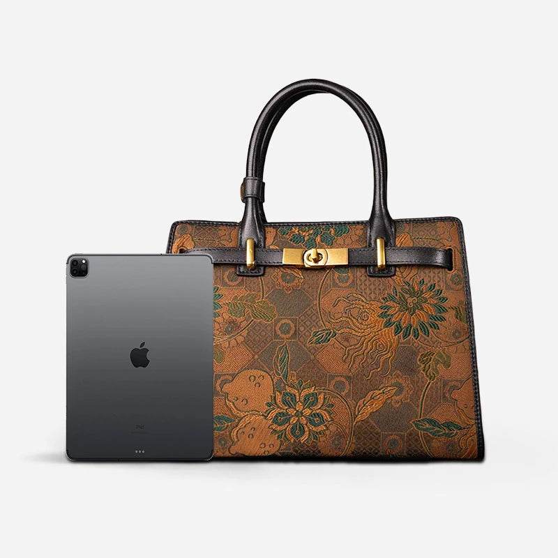 Handmade Song Brocade Chinoiserie Vintage Brown Kelly Bag - SinoCultural -- W4188-3