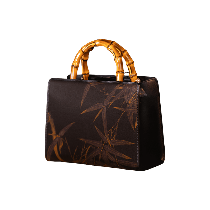 Xiangyunsha Silk Chinese Style Black Bamboo Handle Retro Handbag - SinoCultural -- W4189-2 -