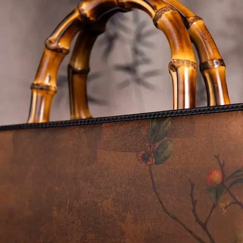 Xiangyunsha Silk Chinese Style Retro Bamboo Handle Tote Handbag - SinoCultural -- W4189-1 -