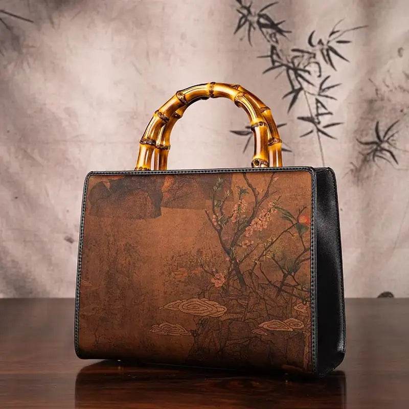 Xiangyunsha Silk Chinese Style Retro Bamboo Handle Tote Handbag - SinoCultural -- W4189-1 -